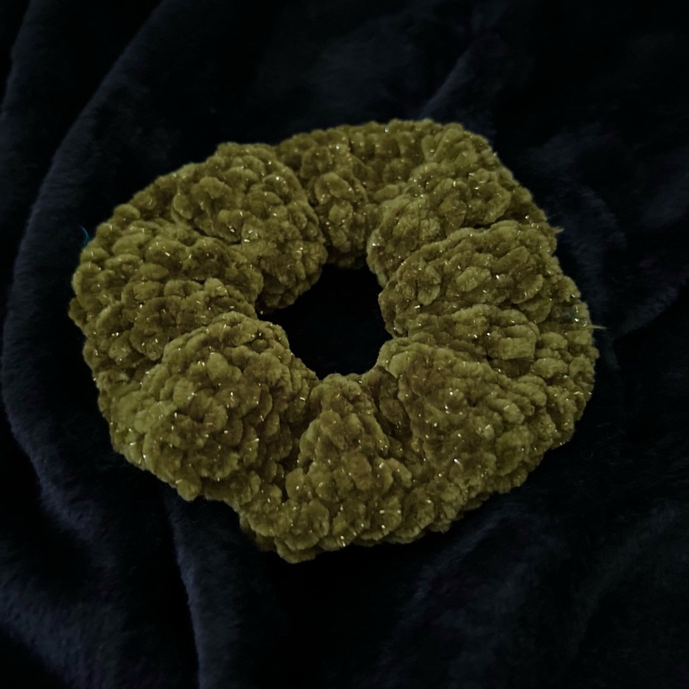 Handmade Medium Crochet Sparkle Velvet Scrunchie ‘Olive’